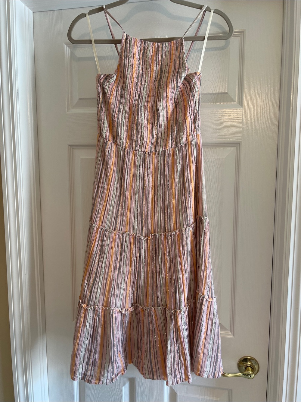 Striped Tiered Midi Dress in Pink & Peach